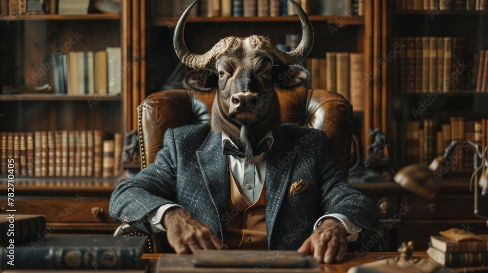 A businessman with a bull's head and a sharp business suit sits confidently at the executive desk in a luxurious office. A buffalo in a stylish CEO outfit sits in the executive office. A businessman with a bull's head and a sharp business suit sits confidently at the executive desk in a luxurious office. A buffalo in a stylish CEO outfit sits in the executive office.