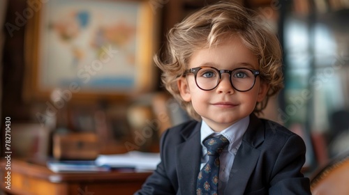 A cute little bespectacled boy and a sharp business suit sit confidently at an executive desk in a modern office. Smiling boy looking at camera