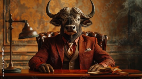A businessman with a bull's head and a sharp business suit sits confidently at the executive desk in a luxurious office. A buffalo in a stylish CEO outfit sits in the executive office.
