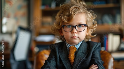 A cute little bespectacled boy and a sharp business suit sit confidently at an executive desk in a modern office. Smiling boy looking at camera photo