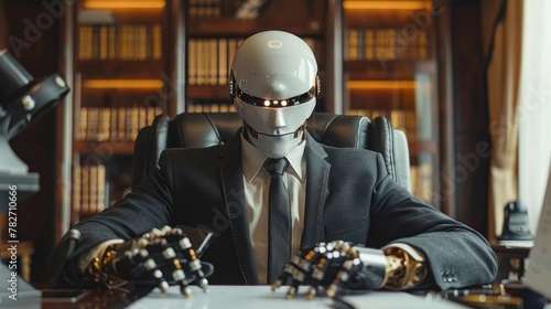 A robot businessman with a sharp business suit sits confidently at an executive desk in a luxurious office. An Android robot businessman in a stylish CEO outfit sits in the executive office.