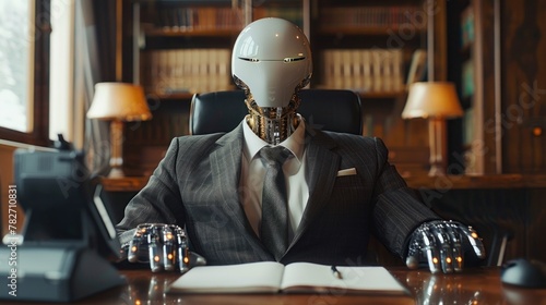 A robot businessman with a sharp business suit sits confidently at an executive desk in a luxurious office. An Android robot businessman in a stylish CEO outfit sits in the executive office.