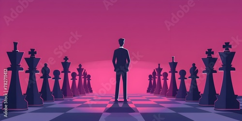 A strategic leader analyzing a giant chessboard to plan their next moves and achieve victory in a challenging intellectual competition