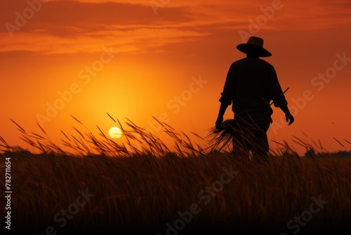 Farmer's silhouette of a stunning paddy field sunset