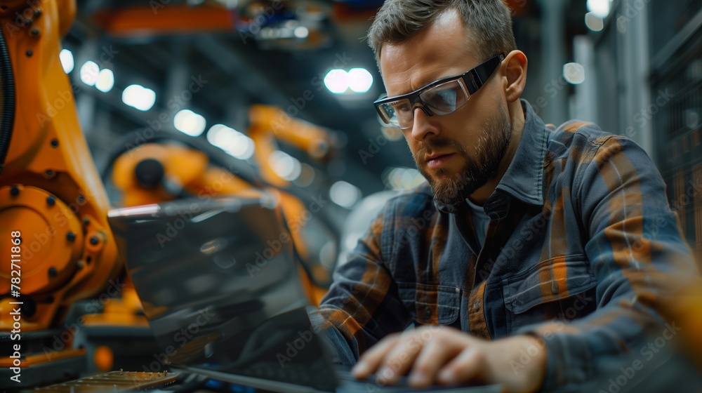 Focused Engineer Operating Laptop in Robotic Workshop Focused Engineer Operating Laptop in Robotic Workshop