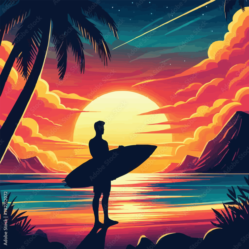 Free vector shadow Man hold a surfboard Beach sunset landscape background