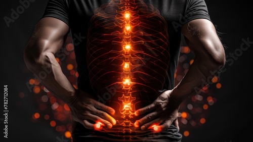 Picture of spinal pain and human back anatomy Man puts his hands behind his back with pain in his spine.