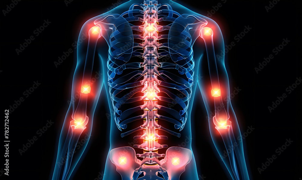 Acute pain in back, colored in red on dark blue background. Showing possible parts of spine where short-term pain can occur. Acute pain in back, colored in red on dark blue background. Showing possible parts of spine where short-term pain can occur.