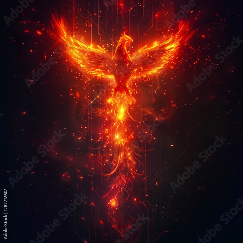 A fiery phoenix rising in a glowing cybernetic digital space.