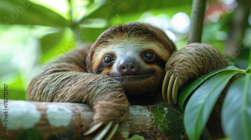 A sloth in the midst of a leisurely scratch, hanging nonchalantly on a tree branch, AI Generative photo