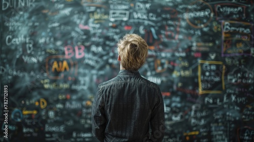 Person Contemplating Complex Chalkboard Equations