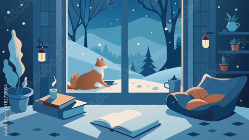 A cozy nook becomes a haven on a cold winters day the serene ambience of snowflakes falling outside in stark contrast to the warmth and comfort