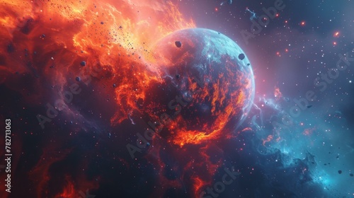 Digital artwork depicting a mystical landscape of a fiery planet, AI Generative