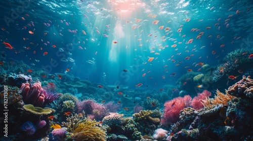Diverse underwater ecosystem, a coral reef sanctuary, with myriad fish species in harmony, the clarity of the ocean allowing a glimpse into this vibrant, AI Generative photo