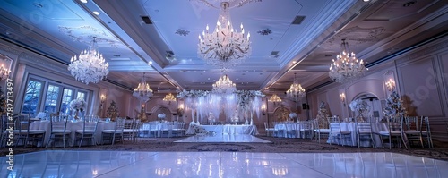 Luxury hotel ballroom adorned with crystal chandeliers, silver and white decor, and ethereal snowflake projections create a glamorous winter wonderland wedding setting