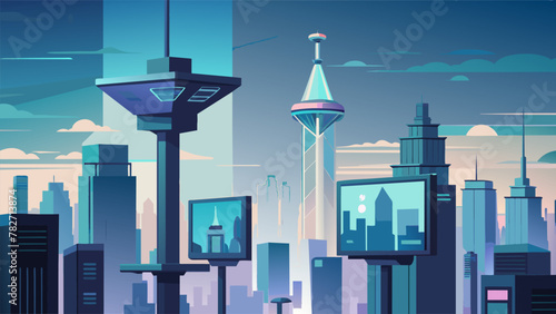 In a cybernetic metropolis towering holographic billboards display the latest news and updates transmitted through quantum messaging showcasing