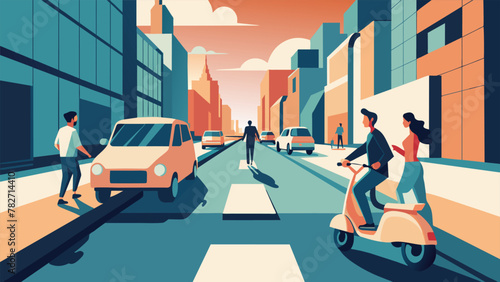 A bustling city street scene depicting a variety of transportation options. In the foreground a young couple is cruising on a sleek ecofriendly