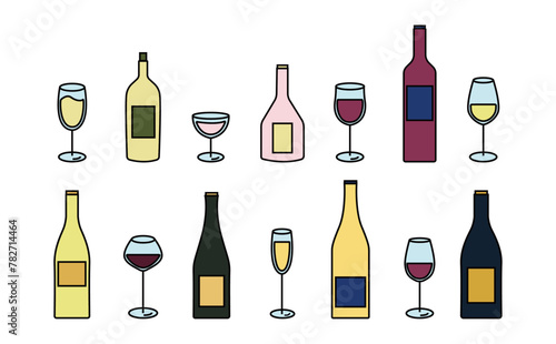ワイン　ボトル　グラス　アイコン　シンプル　セット