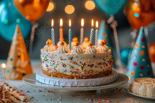 A birthday celebration with a cake, candles, and party hats photo