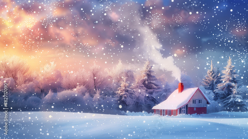 Cozy Winter Landscape with Snowfall and Warm Sunset Over Cottage