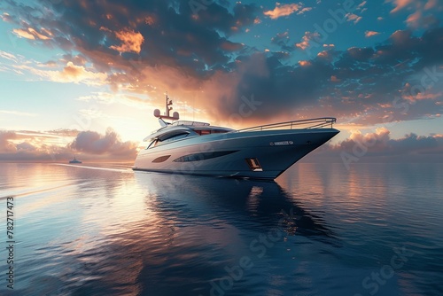 A sleek yacht sailing gracefully on a calm sea © Premreuthai