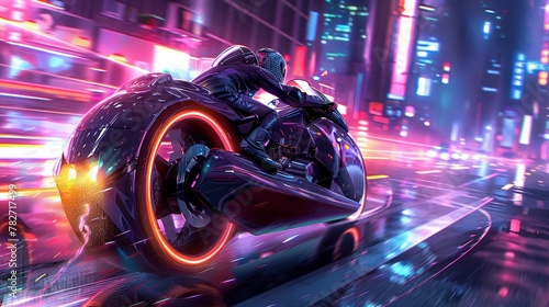 A sleek hoverbike racing through a neonlit cityscape
