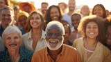 A large group of smiling people from various age groups and ethnicities are all looking at the camera with warm smiles on their faces, standing in an open space.