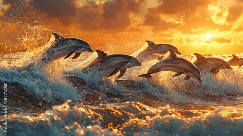 A pod of dolphins dancing in the waves at sunset