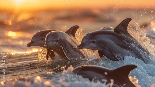 A pod of dolphins dancing in the waves at sunset © Premreuthai