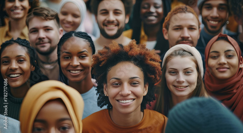 A large group of diverse people are smiling and looking at the camera, with some individuals showing their faces clearly while others have only half or one side visible.