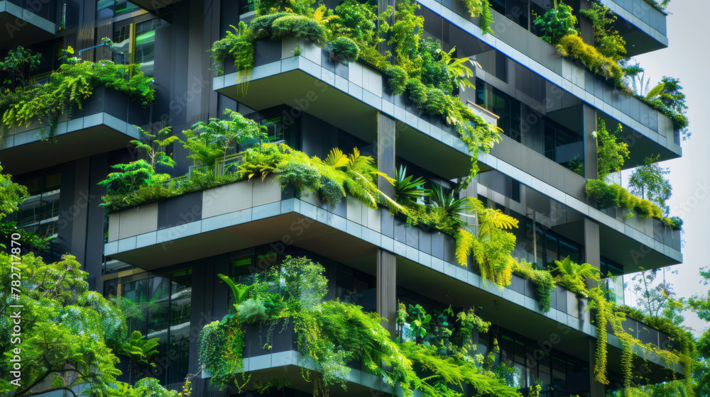 A green building, covered in plants on the balconies, creates an eco-friendly urban environment.