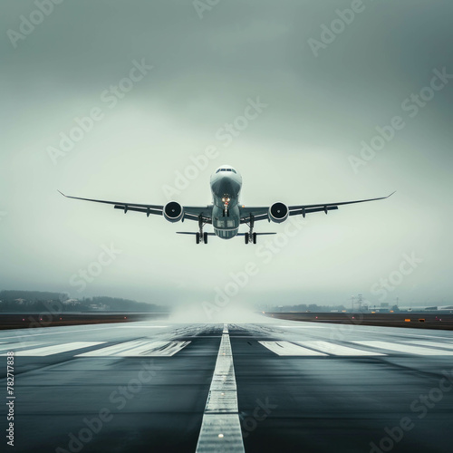 Captured in cinematic style, a commercial airplane takes off from an airport runway, disappearing into the gray sky. AI generative technology enhances every detail of this departure.