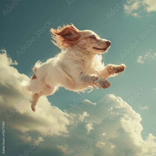 Capture the joy of flight as a dog takes to the skies in this charming remote-controlled aerial photography. AI generative photo