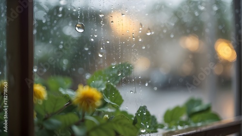 Subject Description: Close-up through window of rainy day with water dripping down glass photo