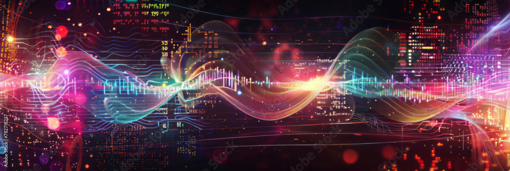 A digital wave of sound waves and data blocks against a black background features various colors including reds, blues, greens, purples, and yellows. A digital wave of sound waves and data blocks against a black background features various colors including reds, blues, greens, purples, and yellows.