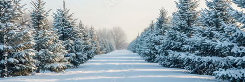 A snow-covered Christmas tree farm features rows of evergreen trees stretching into the distance, with the cut-down trees standing tall with white decorations.