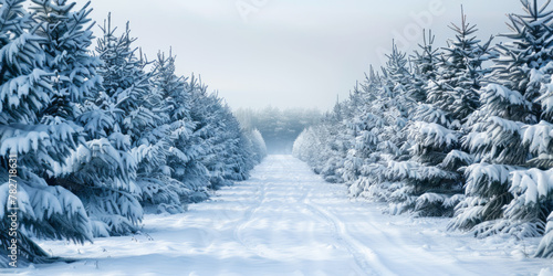 An endless row of snow-covered Christmas trees stretches as far as the eye can see in both directions, with the white powder on their branches and trunks creating a winter wonderland.