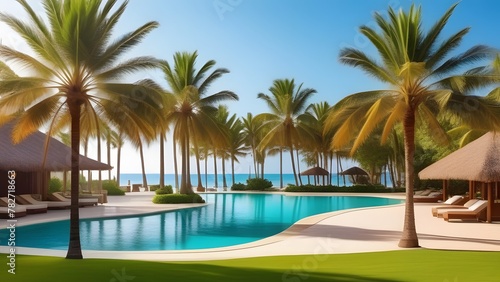 Recreational area with bungalows, a swimming pool and palm trees. © Ирина Старикова