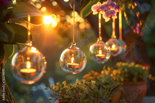 Glass orbs with candles inside hang above an outdoor garden at sunset, each glowing softly.