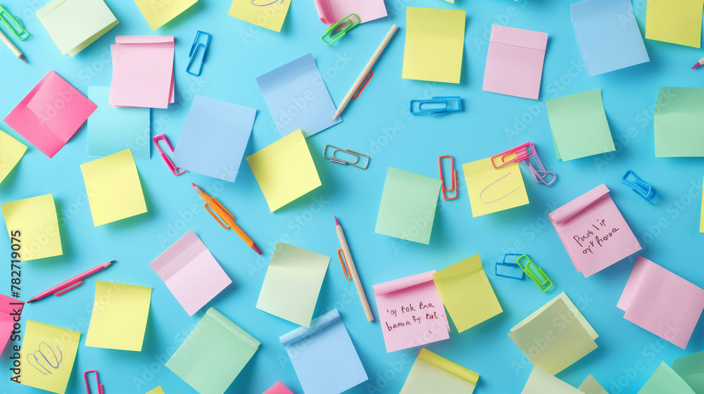 Colorful Sticky Notes and Office Supplies Scattered on Teal Background Colorful Sticky Notes and Office Supplies Scattered on Teal Background