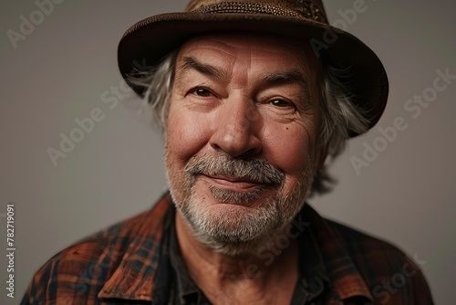 Portrait of a senior man with hat and plaid shirt.