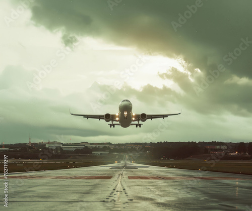 Experience the realism of an airplane taking off at Arlanda Airport, Sweden, in a nostalgic, low saturation style. AI generative technology adds depth to this rainy summer scene. photo