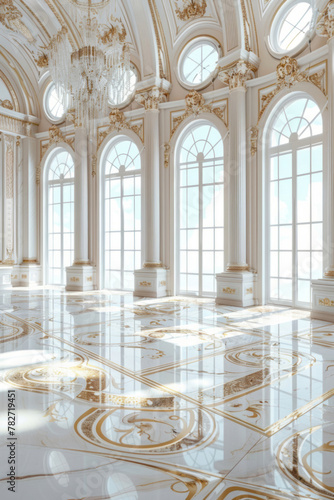 A white and gold marble floor in a ballroom with large windows.