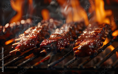 Barbecue ribs are on the grill, bathed in soft light.