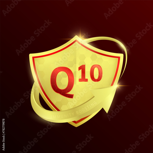 Coenzyme Q10 in shine gold shield surrounded by arrows. Vitamins immunity boosting. Symbol 3D isolated on red background. Used for design dietary supplement products. Vector EPS10 illustration.