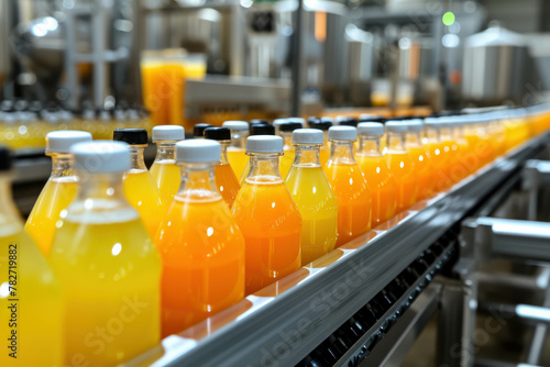 Step into the world of production efficiency with this photograph depicting four bottles of orange juice being sealed on a production line. AI generative.