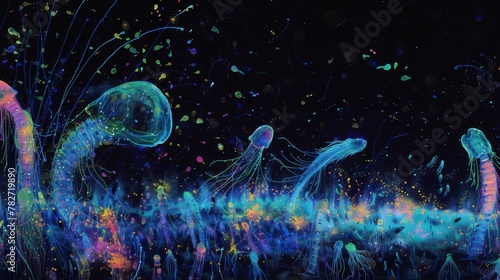Luminous bioluminescent creatures depicted in a colorful spectacle on a pitch black field.