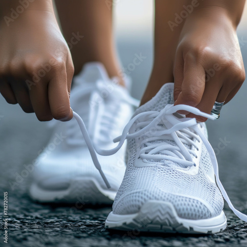 Explore the art of lace tying with this close-up shot capturing someone securing their white running shoe laces. AI generative technology brings the moment to life.