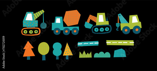 Cute little cars, truck. Cartoon cars adventures. Flat vector illustrations 
