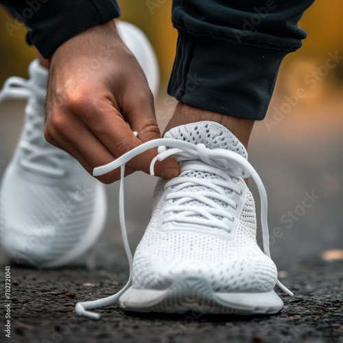 Experience the attention to detail as someone ties their white running shoe laces in this close-up photo. AI generative technology enhances the scene. photo